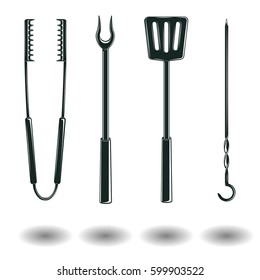 Set of Monochrome signs of BBQ equipment , elements for vintage logo or emblem design isolated on white background, vector