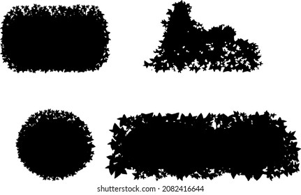 Set of monochrome silhouette of shrubs and trees. Decorative design element in black and white colors.Horizontal panorama with thicket of  garden plants.