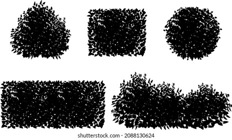 Set of monochrome silhouette of shrubs and trees. Decorative design element in black and white colors.Horizontal panorama with thicket of  garden plants.