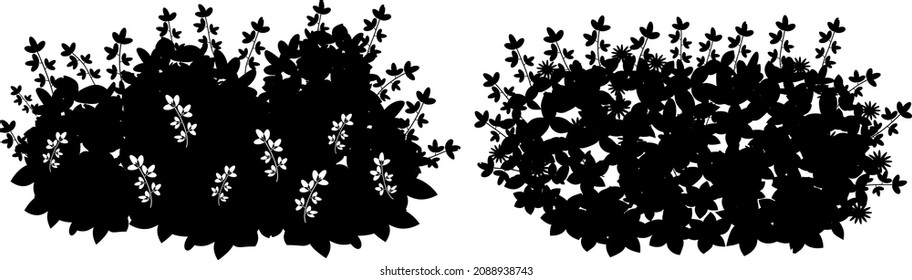 Set of monochrome silhouette of shrubs and trees. Decorative design element in black and white colors.Horizontal panorama with thicket of  garden plants.