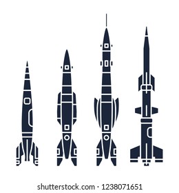 Set monochrome silhouette vector icon elements of aerospace program multistage rocket. Cartoon style rocket, astronaut adventure. Illustration and element for design. Space investigations. Galaxy.