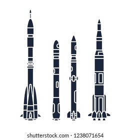 Set monochrome silhouette vector icon elements of aerospace program multistage rocket. Cartoon style rocket, astronaut adventure. Illustration and element for design. Space investigations. Galaxy.