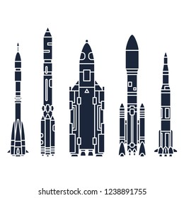 Set monochrome silhouette vector icon elements of aerospace program multistage rocket. Cartoon style rocket, astronaut adventure. Illustration and element for design. Space investigations. Galaxy.