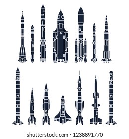 Set monochrome silhouette vector icon elements of aerospace program multistage rocket. Cartoon style rocket, astronaut adventure. Illustration and element for design. Space investigations. Galaxy.