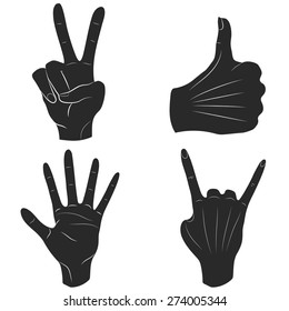 Set of monochrome silhouettes of hands in different poses indicating a good mood. Vector illustration