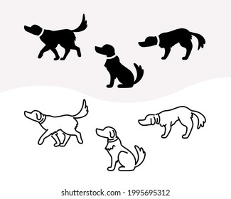 Conjunto de siluetas monocromáticas e iconos de línea de perro doméstico en diferentes poses. Imagen de un perro labrador en diferentes poses: corriendo, sentados y tristes cachorros.