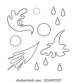 A set of monochrome silhouettes, various splashes, waves and water drops in cartoon style, vector illustration on a white background