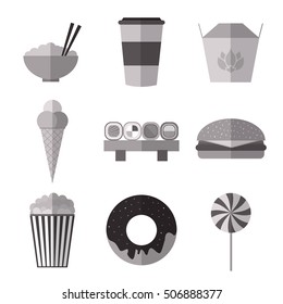 Set of monochrome simple fast food flat icons with long shadows on white background vector illustration