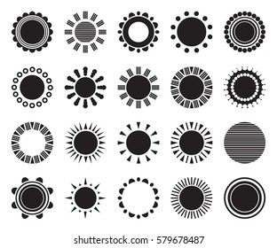 Set of monochrome simple suns isolated on white background. Weather icon, shape, label, symbol for your design. Graphic design element for logo, web and print. Vector illustration