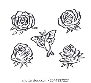 Set of monochrome sketches of roses and luna moth. Inky hand drawn black and white flowers bundle. Minimalist floral tattoo.