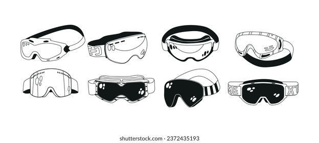 Set Of Monochrome Snow Goggles, Black And White Icons Of Sleek, Protective Eyewear Provide Clear Vision, Shield