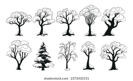 Conjunto De Árboles Monocromos De Nieve, Ramas De Coníferas Y Deciduas Con Escarcha Goyante, Iconos Vectores De Invierno