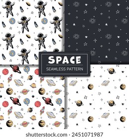 Set of monochrome space patterns. Seamless pattern with planets astronaut and stars. Space backgrounds.