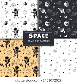 Set of monochrome space patterns. Seamless pattern with planets astronaut and stars. Space backgrounds.
