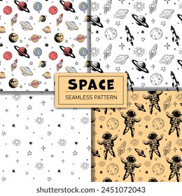 Set of monochrome space patterns. Seamless pattern with planets astronaut and stars. Space backgrounds.