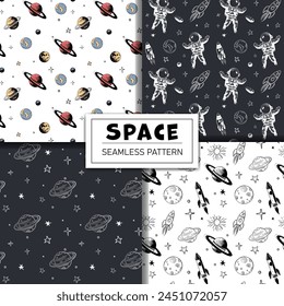 Set of monochrome space patterns. Seamless pattern with planets astronaut and stars. Space backgrounds.