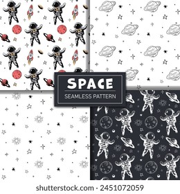 Set of monochrome space patterns. Seamless pattern with planets astronaut and stars. Space backgrounds.