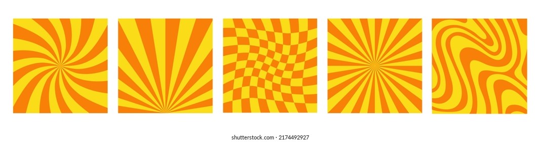 Set of monochrome square  backgrounds in style retro 70s, 80s. Groovy hippie abstract psychedelic design. Vector illustration