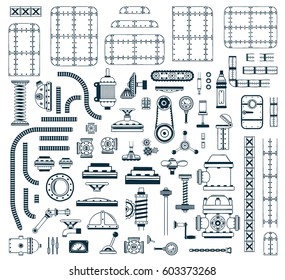 Eine Reihe von monochromen Steampunk-Ersatzteilen für die Herstellung eines Roboters, einer Maschine, eines Gerätes, eines Gerätes.  Vektorgrafik.
