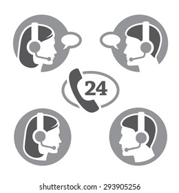 Set of monochrome support round icons with man and woman profiles with headset and speech bubble isolated on white background