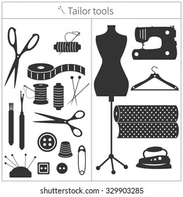 Set of monochrome tailor`s tools icons and elements for your design. Vector illustration.