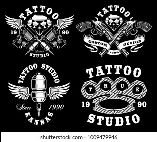 Set of monochrome tattoo emblems for tattoo studio, isolated on dark background. Text is on the separate layer.