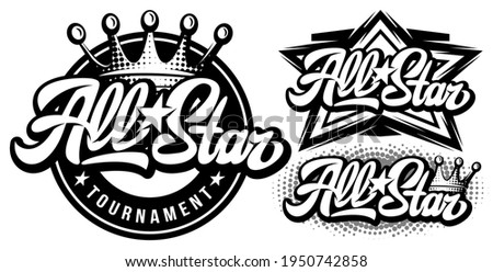 Set of monochrome templates with calligraphic inscription All Stars. Vector editable illustration. Element for business card design, style, website, print on a t-shirt.