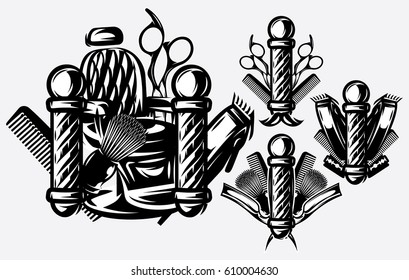 Set of monochrome templates for logos on the topic of barbershop. Vector illustration