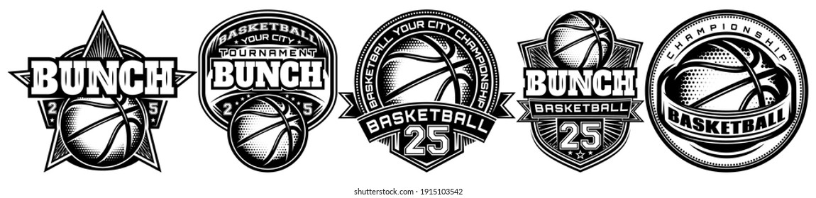 Set of monochrome templates on the theme of basketball. Vector editable illustration. Elements for business card design, style, website, print on a t-shirt.