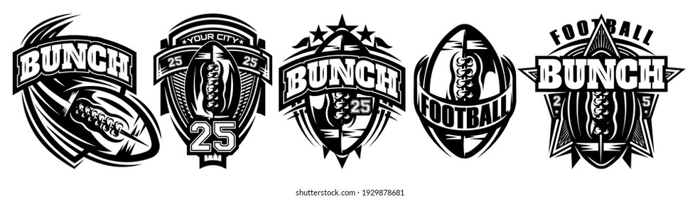 Set of monochrome templates on the theme of American football. Vector editable illustration. Elements for business card design, style, website, print on a t-shirt.