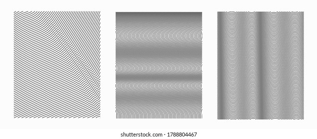 Set of monochrome textures with wavy lines for graphic design and decoration. Simple black and white repeated pattern for web and visual backgrounds.