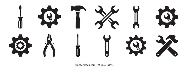 Set of monochrome tools icons for repair and maintenance purposes in engineering design