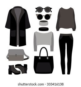 Set of monochrome trendy women's clothes with coat, trousers, pullover and accessories.Women's wardrobe. Vector illustration