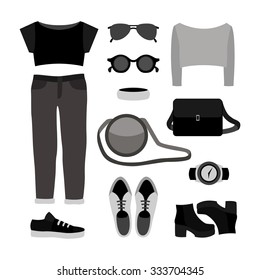 Set of monochrome trendy women's clothes with jeans, top, pullover and accessories.Women's wardrobe. Vector illustration