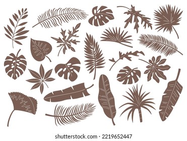 Set of monochrome tropical leaves and plants. Vector illustration.