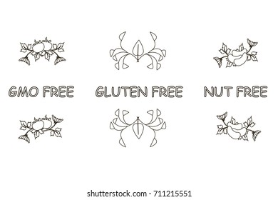 Set of monochrome typography banner with tipping Gluten free, GMO free, Nut free for product design stock vector illustration