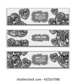 Set of monochrome vector banners. Hand drawn doodles in zentangle style. Pattern with black and white hearts on a white background. Places for your text.