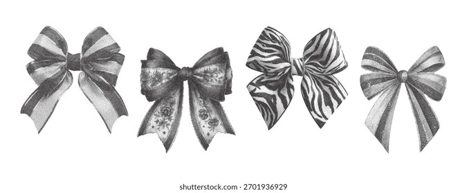 Set of monochrome vector bows in stippling technique with vintage grunge and punk retro style, detailed hand-drawn ribbon elements resembling photocopy texture for design and decoration projects
