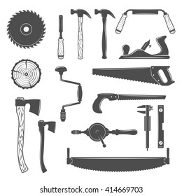 Set of monochrome vector carpentry, woodworkers, sawmill and lumberjack hand tools, design elements isolated on white background