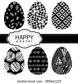 Set of monochrome vector Easter eggs. Painted eggs. Abstract patterns. Black and white.