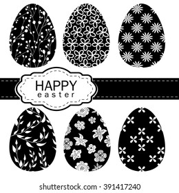 Set of monochrome vector Easter eggs. Painted eggs. Abstract patterns. Black and white.