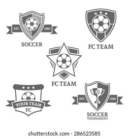 Set of monochrome vector emblems for soccer team on white background