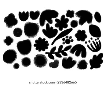 Set of monochrome vector hand drawing flowers, leaves. Nature black design elements  for posters, cards, logos, templates, patterns, banners, icons, stickers, banners. White isolated background. 