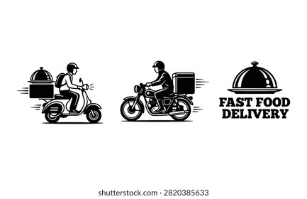 A set of monochrome vector icons featuring a scooter and a motorcycle carrying delivery boxes, accompanied by a cloche food cover icon and the text Fast Food Delivery.