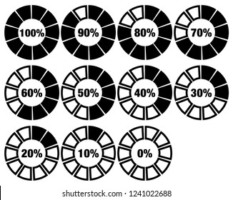 Set Of Monochrome Vector Illustration Of Percentage Upload Circles Counting In Eleven Decadic Steps From Zero % To One Hundred Per Cent. Infographic For Loading Or Charging Status Count. EPS File.