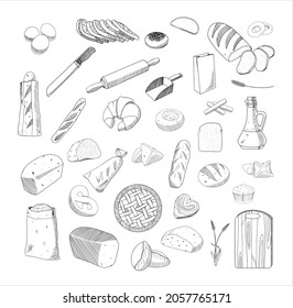 Set of monochrome vector illustrations of bread in sketch style. Collection of hand drawings in art ink style. Black and white graphics.