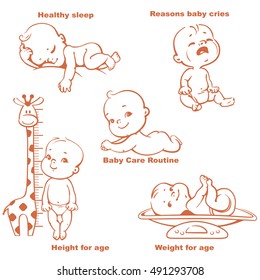 Set of Monochrome vector illustrations with cute little babies. Sleeping, crying, happy baby, newborn lying on stomach, child on scales, kid near growth meter. Baby growth and care design template.