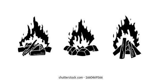 Set of monochrome vector illustrations isolated on a white background. Black silhouettes of burning bonfire. Outdoor adventure. Wild life. Camping hiking time.