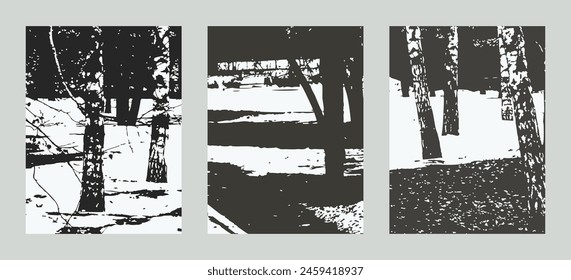 A set of monochrome vector illustrations. Winter forest with birch trees.