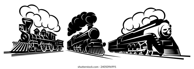 Set of monochrome vector images with retro locomotives. Templates for design.